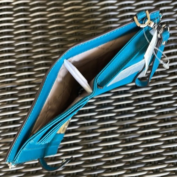 Michael Kors Large Double Zip Leather Wallet Wristlet Phone Case Lagoon - Picture 10 of 16